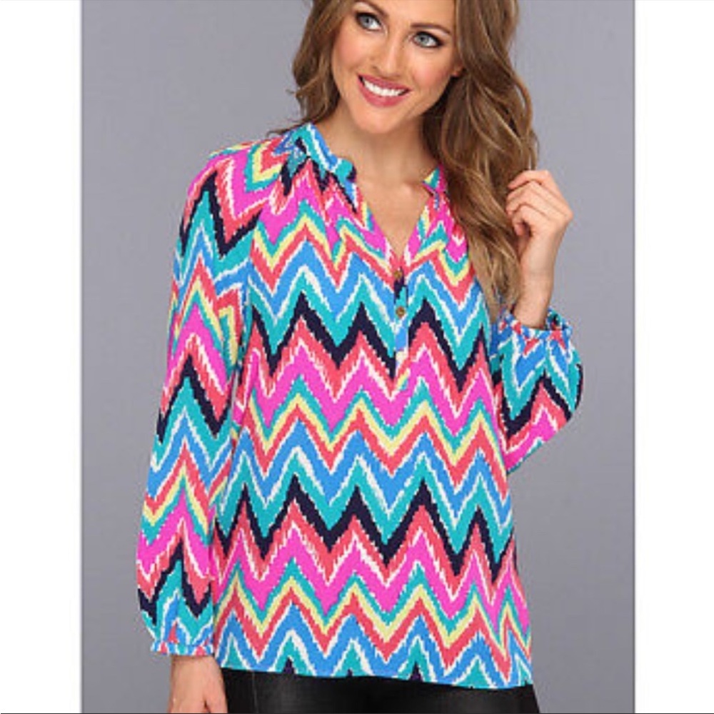 Lilly Pulitzer Hearts a Flutter Rainbow Chevron Striped Elsa Silk Blouse